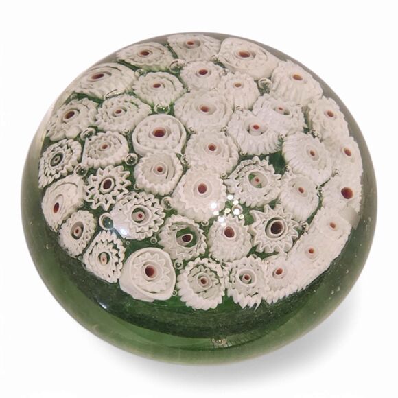 Vintage Murano Millefiori Art Glass Paperweight, White and Green, about 3" wide - Picture 1 of 7